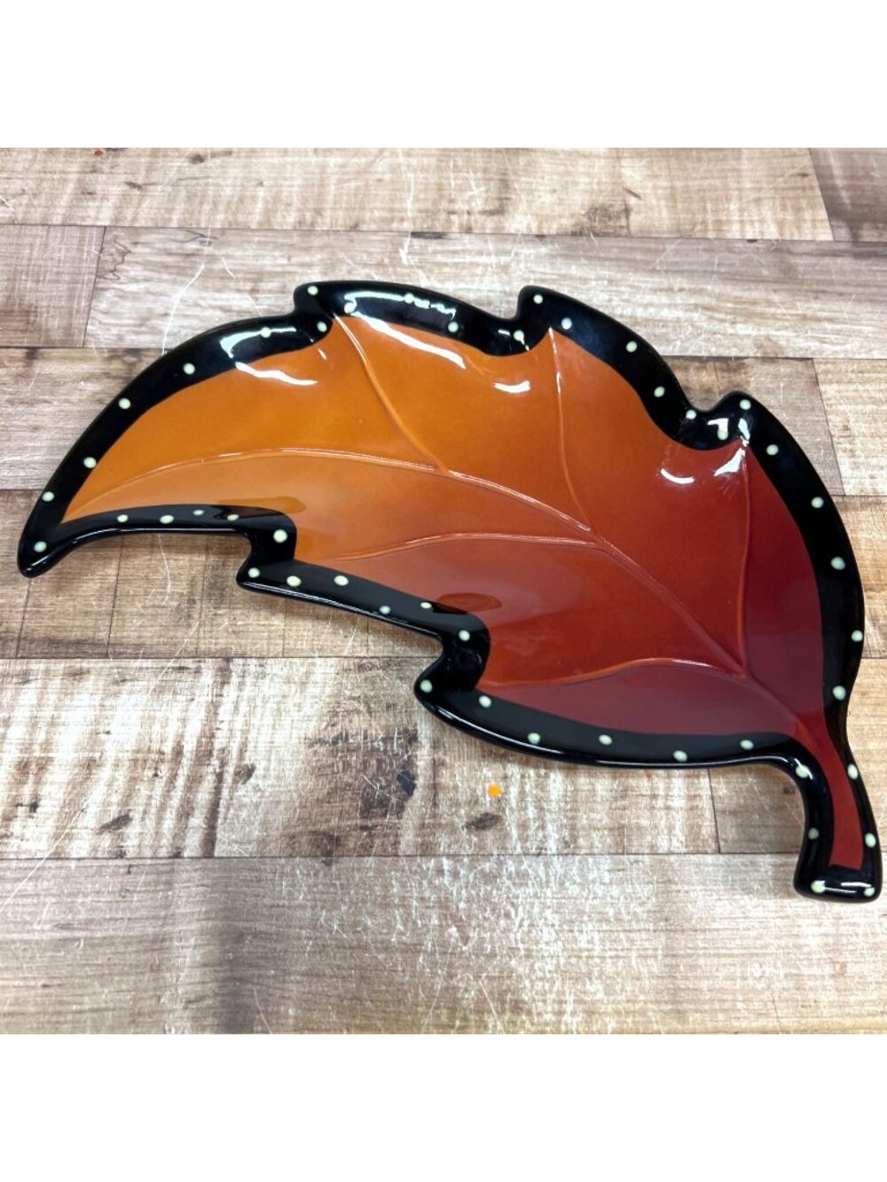 Leaf-Shaped Ceramic Decorative Dish Orange & Black Polka Dot Design Fall-Themed